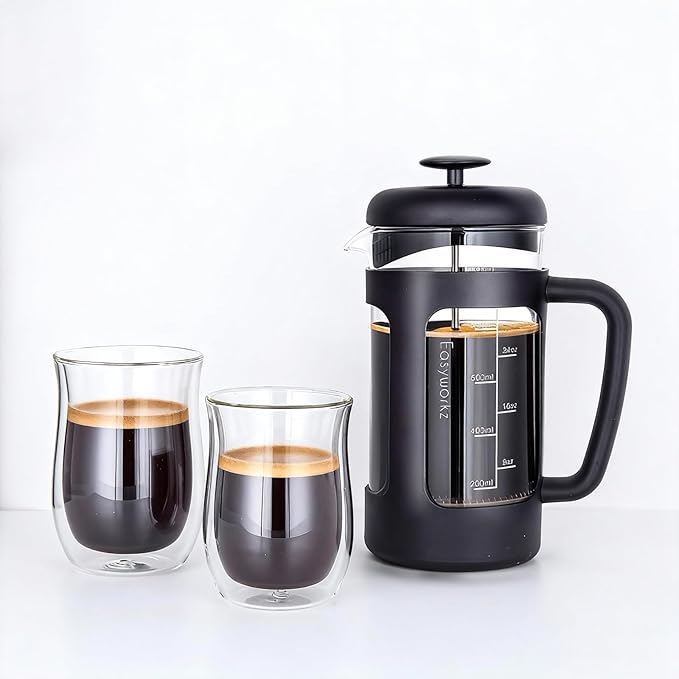 Easyworkz Double Walled Glass Coffee Mugs,Set of 2 (12 fl oz / 350ml) - Clear Borosilicate Glass Cups for Coffee, Tea, Whiskey, Cocktails & All Beverages