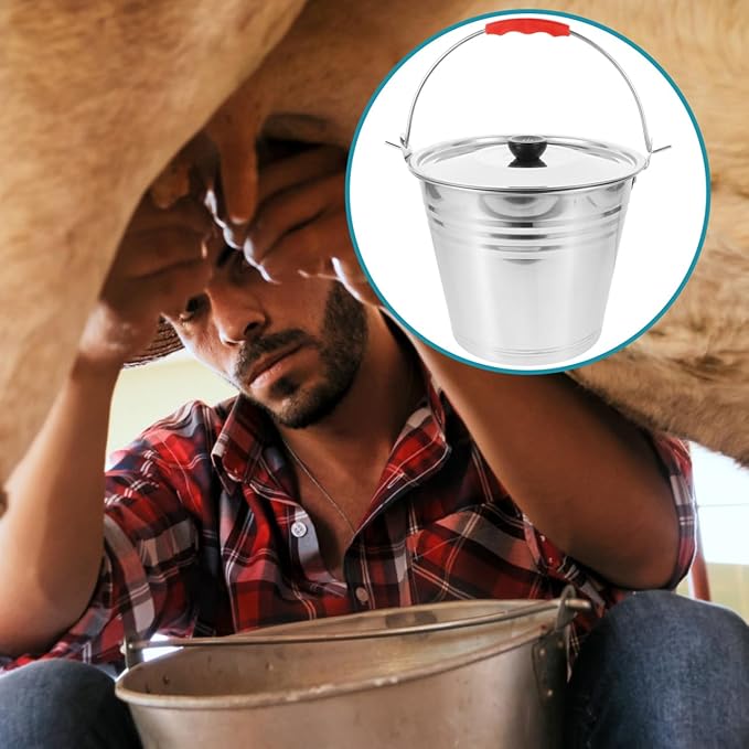 1pc Milk Bucket Multi-Purpose Bucket Multi-Functional Pail Durable Pasture Storage Stainless Steel Round Water Ice with Lid Ranch Milking