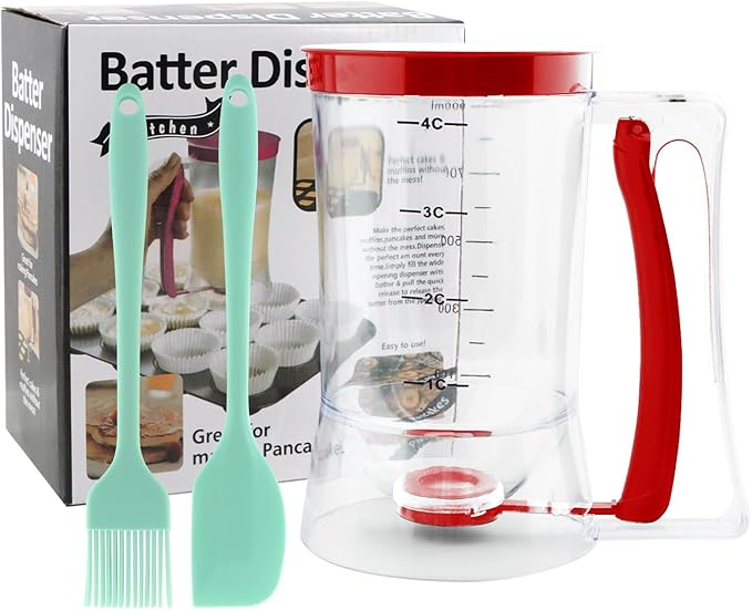 Pancake Batter Dispenser, Cupcake Batter Dispenser with Squeeze Handle & Oil Brush and Scraper, Baking Tool for Precise Portion Control, for Pancakes Cupcake, Waffle, Muffin Mix