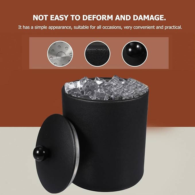 Ice Bucket with Lid, Tongs and Strainer, Stainless Steel Insulated Ice Bucket for Cocktail Bar, Ideal for Cocktail Bar, Parties, Chilling Wine, 5.5 x 5.5 x 7.3 inches (Black)