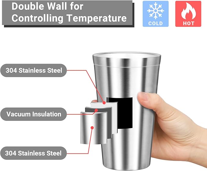Stainless Steel Cups, 16 oz Insulated Tumbler, 4 Pack Double Wall Unbreakable Stackable Water Tumblers Insulated Metal Cup Premium Drinking Glasses for Travel Camping Home Outdoor