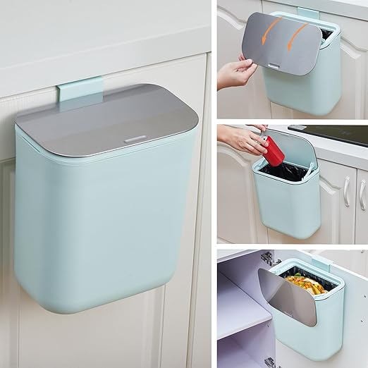 2.4 Gallon/9L Hanging Trash Can with Stainless Steel Lid, Mountable Compost Bin for Kitchen Cabinet Door, Under Sink Food Waste Container for RV, Bathroom, Office