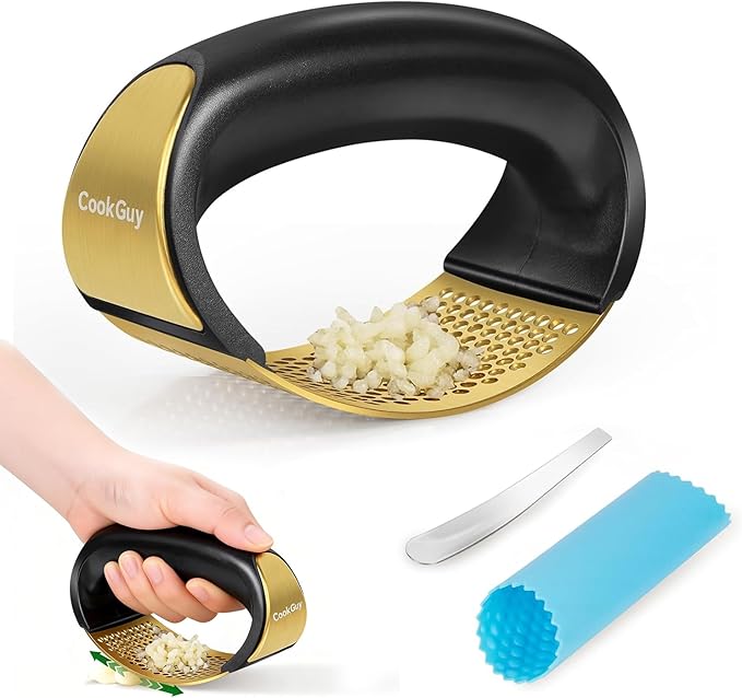 Cook Guy 304 Stainless Steel Garlic Press Rocker Set - Premium Garlic Mincer, Crusher, Peeler, and Scraper Tool for Effortless Mincing - Comfortable Grip Garlic Grinder (Gold)
