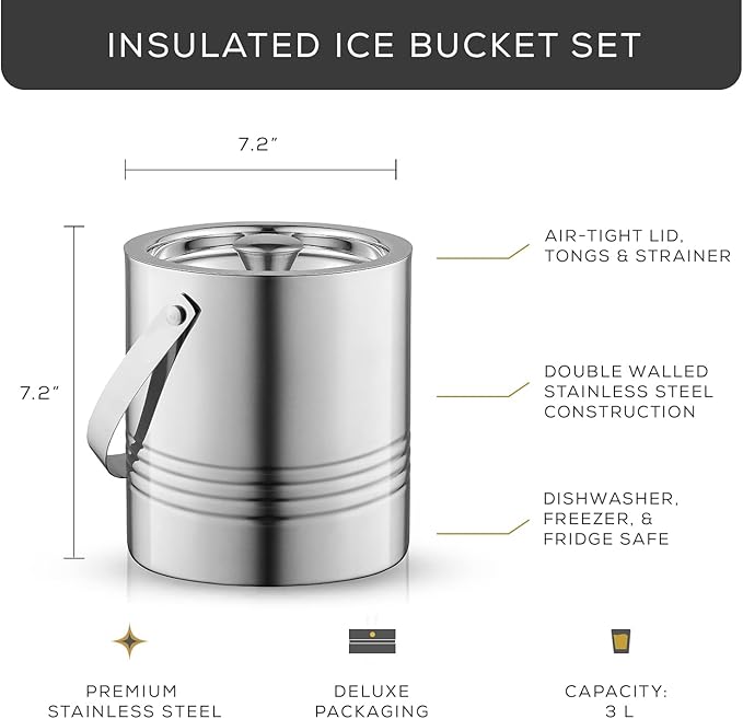 JoyJolt Metal Double Wall Ice Bucket with Lid, Ice Tongs and Strainer. 3L Insulated Ice Bucket for Cocktail Bar, Wine, Home Bar Accessories, Parties, Champagne Bucket. Stainless Steel Ice Buckets