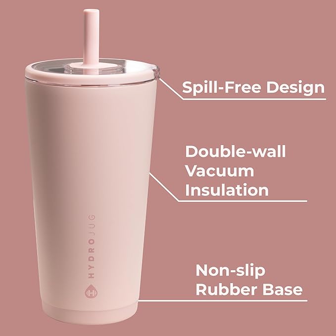 HydroJug Everyday Tumbler 20 oz – Ceramic-Lined Insulated Tumbler with Straw and Soft-Touch Lid, Cup Holder Friendly, Double-Wall Vacuum Insulation, Reusable Travel Cup – Dusty Rose