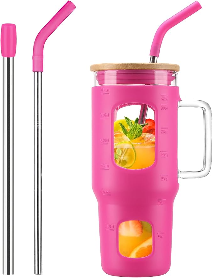 WINSA Glass Tumbler with Straw & Lid, 32 oz Glass Cup with Handle, Water Bottle with Time Marker - Pearl Straw & Silicone Protective Sleeve - Rose Red