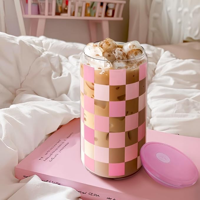 SANDJEST Checker 16 Oz Can Glass Tumbler with Acrylic Lid and Straw - Iced Coffee Cups for Women, Aesthetic Glass Cup Gift for Birthday Christmas
