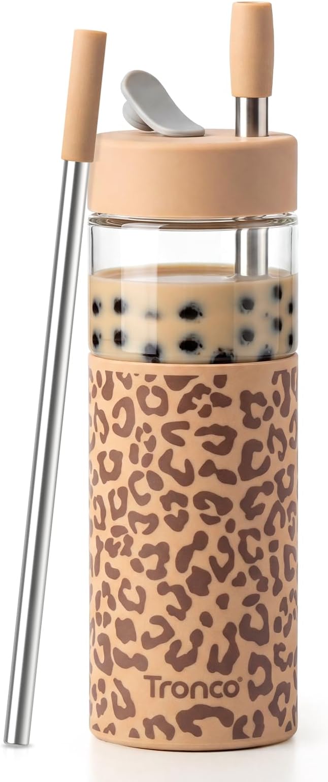 Tronco 24 oz Glass Tumbler with Lid & Straw, Iced Coffee Cup - Smoothie Cup with Silicone Lid for Boba Tea, Home, Office, Travel & Gifts, Borosilicate Glass Cups, BPA-Free, Leak-Proof, Dishwasher Safe
