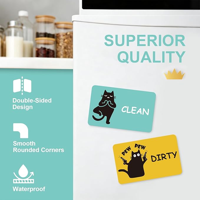 Funny Black Cat Clean Dirty Dishwasher Magnet - Cute Refrigerator Kitchen Magnet, Non-Scratch Strong Double Sided Washing Machine Sign, Housewarming Gifts for Cat Lovers, Home Apartment Essentials (Green&Yellow)