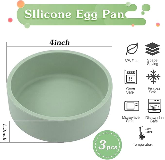 3Pcs ZHYEEDAA Air Fryer Egg Mold,Silicone Egg Molds, Individual Egg Bite Maker Reusable Egg Molds, Microwave Egg Cooker, BPA Free, Dishwasher Safe (Round- avocado green)