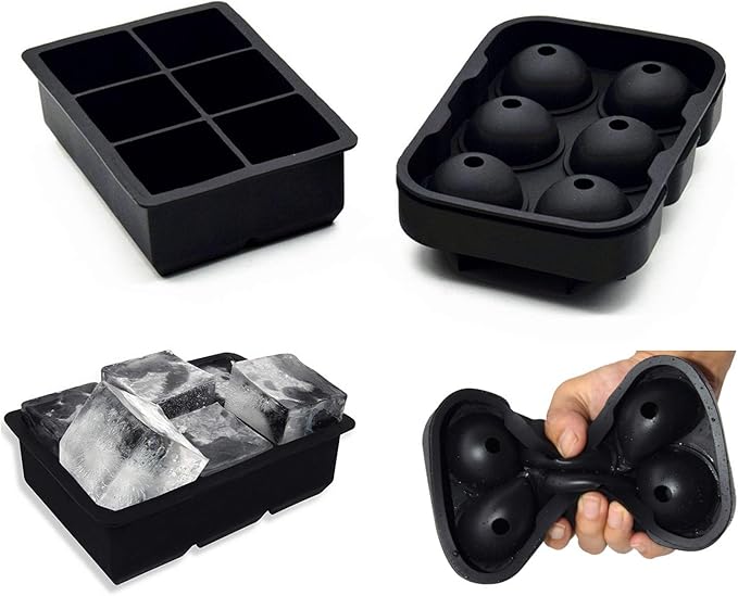Ice Cube trays(set of 2), Silicone Sphere Ice Ball Maker with Lid and Large Square Ice Cube Molds for Whiskey Ice and Cocktails, Food Grade Silicone, Reusable and BPA-Free