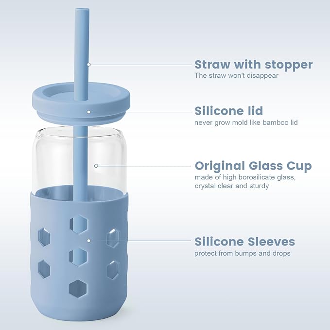 Mrsdry Glass Cups with Lids and Straws (4 Pack), 16oz Drinking Glasses Set with Silicone Sleeves for Coffee Bar Accessories Iced Coffee Cups with Lids, Glass Tumbler Reusable for Gifts