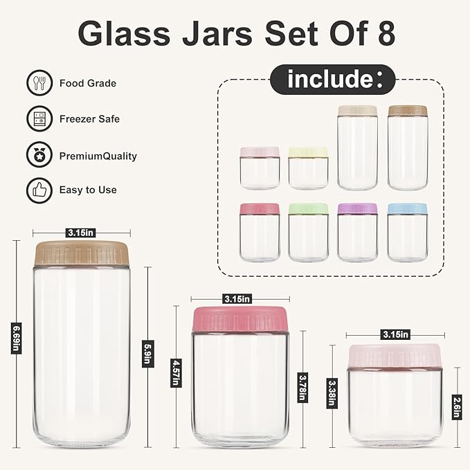 SHOWIN Overnight Oats Containers with Lids, Glass Jars with Lids 8 pcs, Wide Mouth Mason jars for Salad, Yogurt, Snacks, Meal Prep