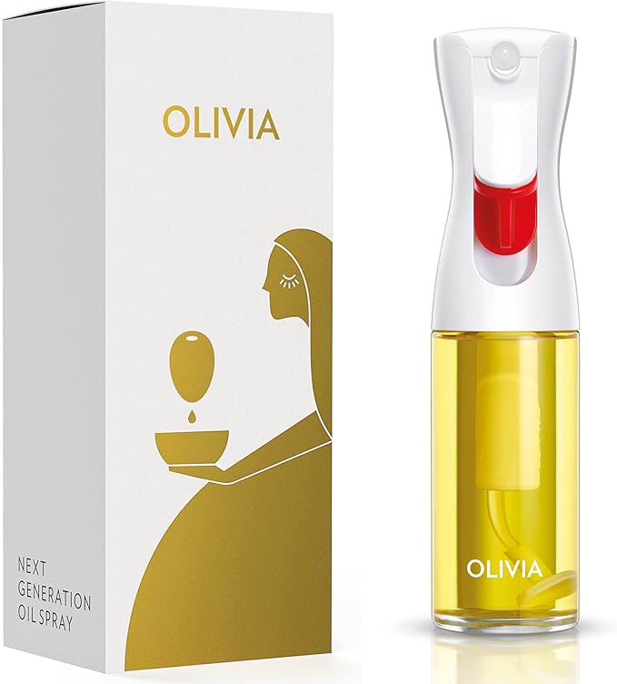 FLAIROSOL OLIVIA. The Original Advanced Oil Sprayer for Cooking, Salads, BBQs and More, Continuous Spray with Portion Control, Trusted by Chefs. Patented Technology. (Glass Bottle) (White Print)