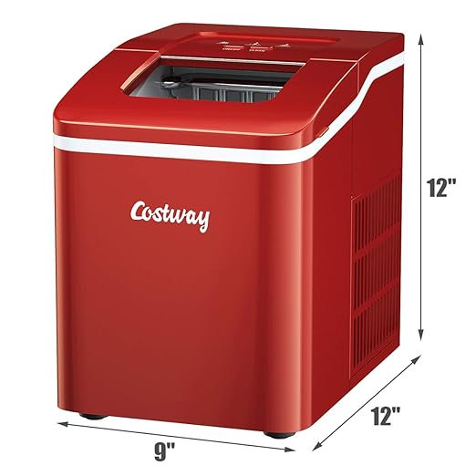 COSTWAY Countertop Ice Maker, 26Lbs/24H Portable Ice Machine with Self-Cleaning Function, Bullet Ice Cubes Ready in 8 Mins, Scoop and Removable Basket,Ice Maker for Home Party Bar, Red