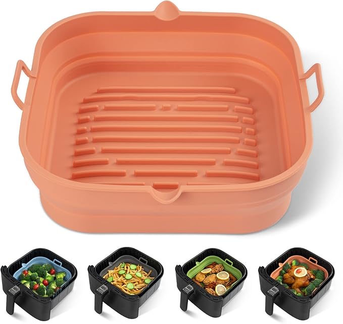 Silicone Air Fryer Liners Square - Reusable Airfryer Collapsible Basket - Easy to Clean Air Fryers Pot for 5.8 to 8 Qt Baking Tray Oven Accessories, 8.5 Inch Large