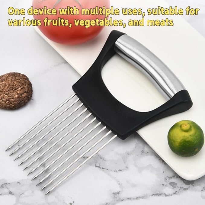 2026 Upgraded Stainless Steel Onion Holder for Slicing, Lemon Slicer Vegetable Cutter, Kitchen Gadgets Chopper Slicing Assistant Tool for Meat, Onion, Potato, Tomato, Black JeQucis, 1 Pcs