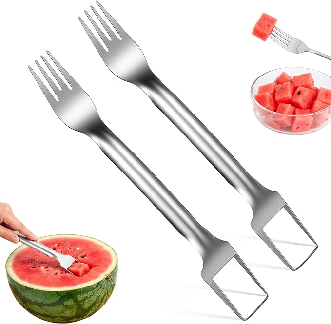 2pcs Watermelon Cutter Slicer 2-in-1 Stainless Steel Fruit Cutter Watermelon Fork Slicer Portable Tool for Home Party Camping Kitchen Gadget Dual Heads Fruit Forks for Salad BBQ