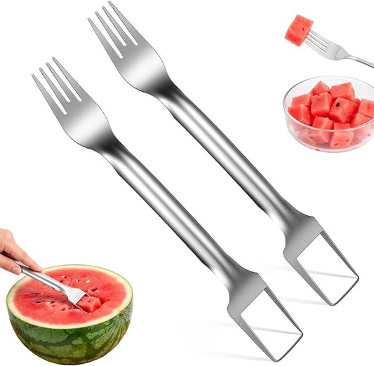 2pcs Watermelon Cutter Slicer 2-in-1 Stainless Steel Fruit Cutter Watermelon Fork Slicer Portable Tool for Home Party Camping Kitchen Gadget Dual Heads Fruit Forks for Salad BBQ