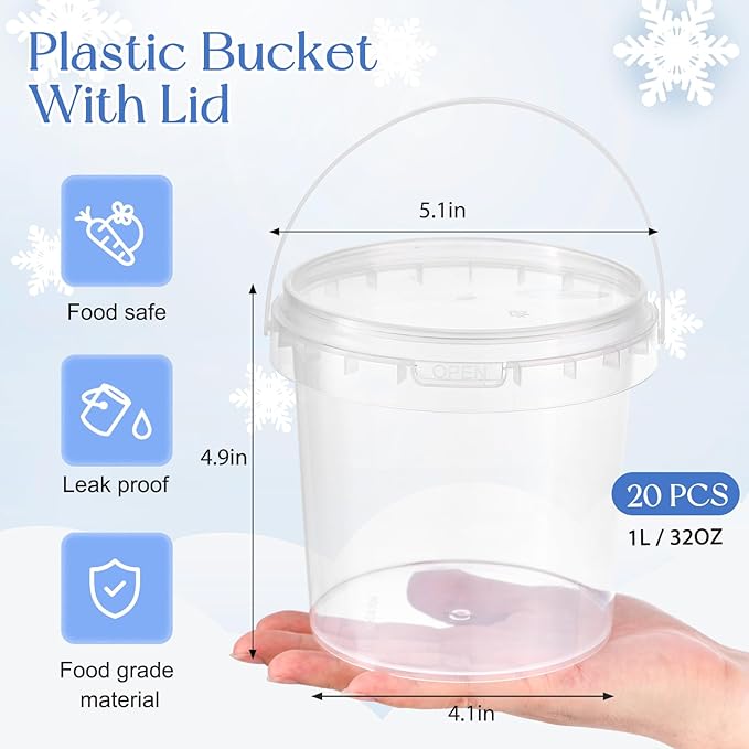 PerKoop 20 Pcs 32 oz Ice Cream Buckets with Lids and Handles Clear Cocktail Rum Buckets with Stickers Plastic Transparent Tub Reusable Food Storage Containers for Parties(Snowflake)