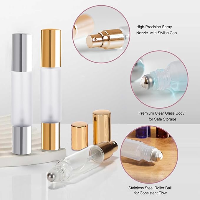 YOCASII 4PCS Roller Bottles for Essential Oils & Mini Spray Bottle Design, Refillable Essential Oil Roller Bottles and Travel Perfume Bottle Refillable for Perfume, Castor Oil