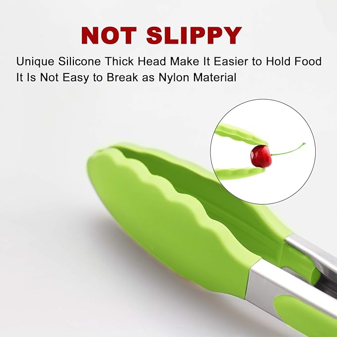 2 Pack Silicone Kitchen Tongs – 9" & 12" Set, Heat Resistant up to 500°F, Non‑Stick Cookware Safe, Wavy Silicone Tips, BPA Free, Locking Clip & Hanging Loop, Light Green