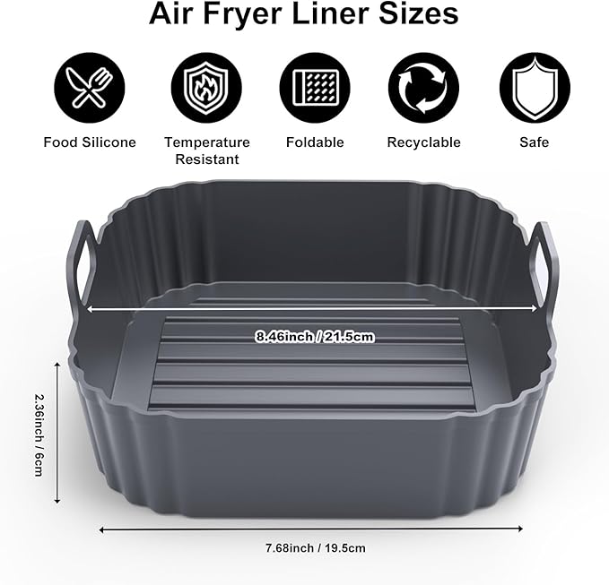 Square Silicone Air Fryer Liners 2 Pack, Compatible with Ninja AF141 181, 8.5 Inch Air Fryer Liners for COSORI 5-6.5 QT, Reusable Silicone Basket, Air Fryer Accessories
