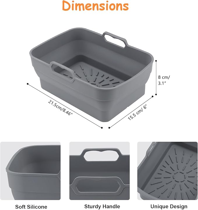 2Pcs Air Fryer Silicone Liners for Ninja SL401 /DZ201/ DZ401/ DZ550 8-10 QT, Reusable Liners for COSORI, Chefman, Instant Air Fryer, Silicone Air Fryer Basket Liners with Magnetic Cheat Sheet, Grey