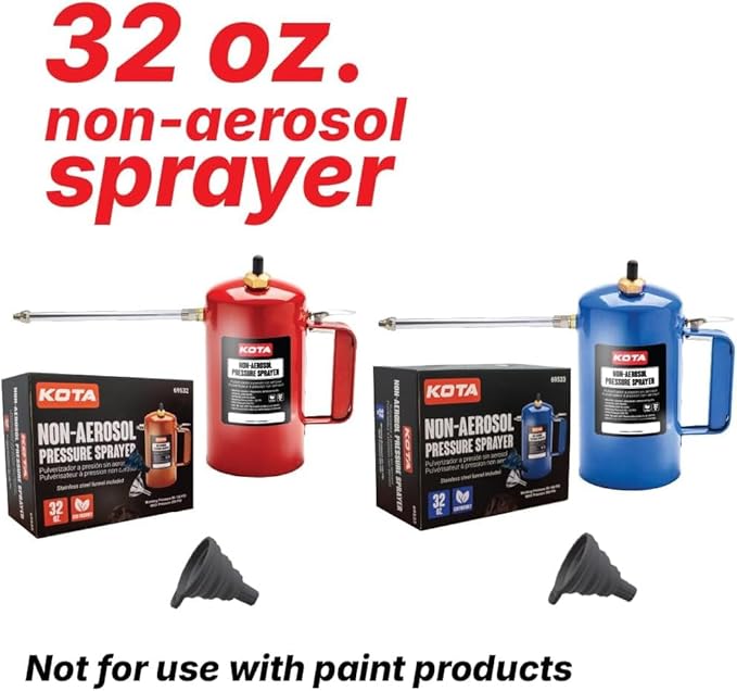 LAUCO Non Aerosol Pressure Sprayer with Funnel and Extension, Refillable Pressurized Sprayer Bottle for Oil, Solvent, Degreasers, Lubricants - Rechargeable Steel Canister and Brass Nozzles, 32oz