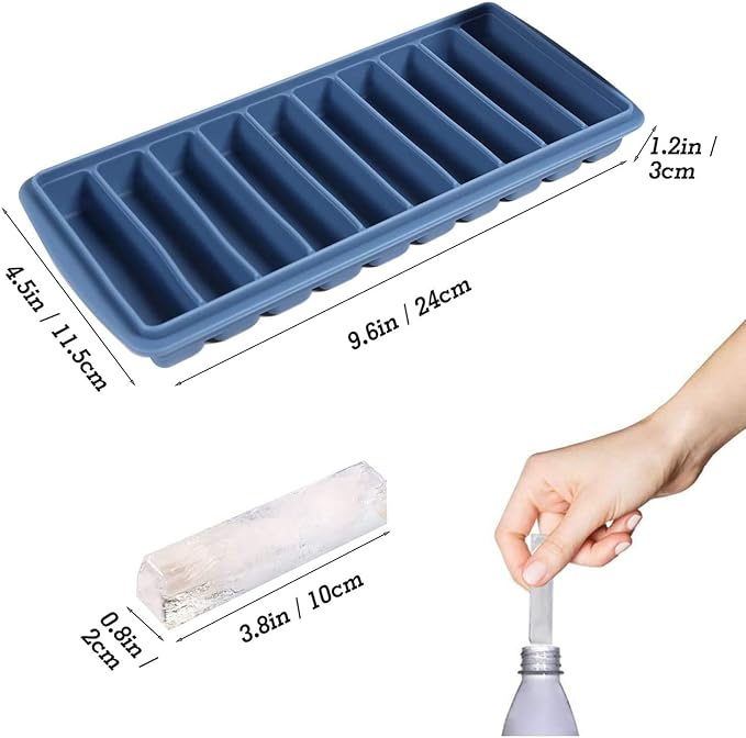 LessMo 2 PCS Ice Cube Tray, Long Ice Stick Tray Silicone with Lid, Rectangular Narrow Stick, Reusable, Flexible, Easy Release, for Small Mouth Sport Bottles, Juice Bottles, Cocktail Parties, Blue