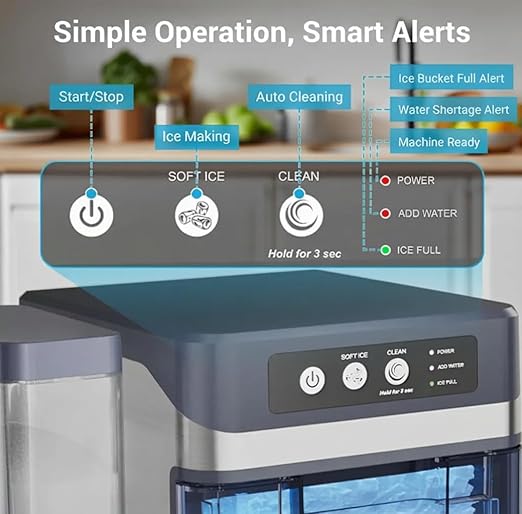 Nugget Ice Maker Countertop for Chewable Ice, 41lbs/24H Portable Pellet Ice Machine with One-Click Operation Self-Cleaning for Home, Kitchen, Bar, Office, Party (Silver)