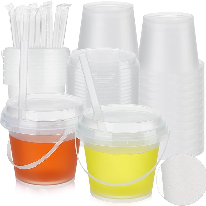 Funnymoom 30 Set 24oz Disposable Plastic Drink Buckets with Lids and Straws Frosted Iced Coffee Cups Rum Buckets for Cocktail Parties Smoothie Cup Bulk with Handles for Beach Pool Party Supplies