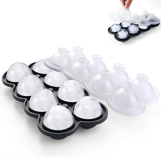 Ice Ball Maker Mold, 8 Hole Large Round Ice Cube Tray with Built-In Easy-Fill Funnel & Water Level Line, Silicone 1.7" Sphere Ice Mold for Whiskey, Cocktails, Bourbon