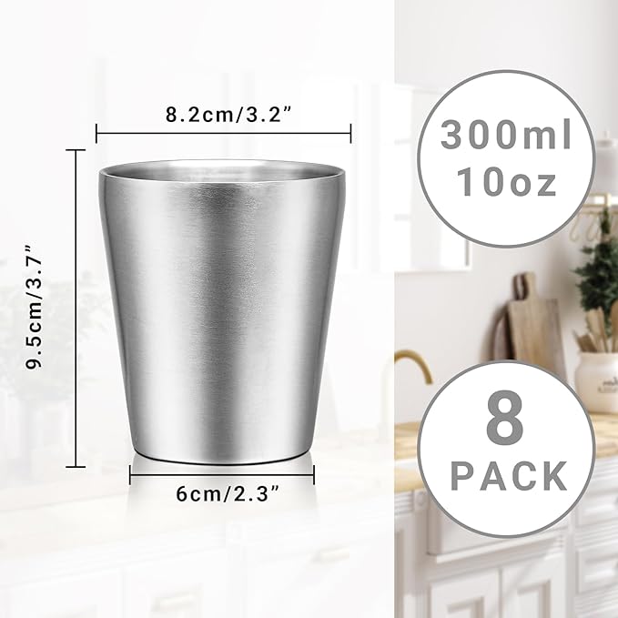 Insulated Stainless Cup, 10 oz Insulated Tumbler, 8 Pack Double Wall Unbreakable Stackable Water Tumblers Metal Cup Premium Drinking Glasses for Travel Camping Home Outdoor