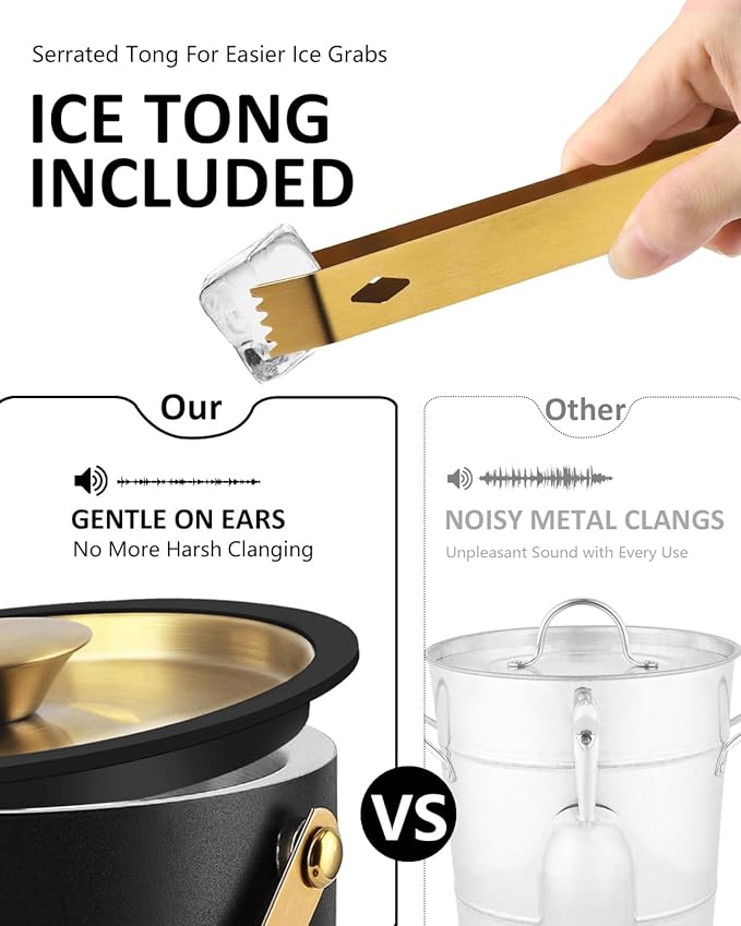 Bakpoco 3L Ice Bucket with Silicone Lid, Scoop, Gold Tongs & Strainer, Stainless Steel Double Wall Insulated Ice Buckets for Parties & Cocktail Bar, Outdoor Champagne Ice Container Bin, Black