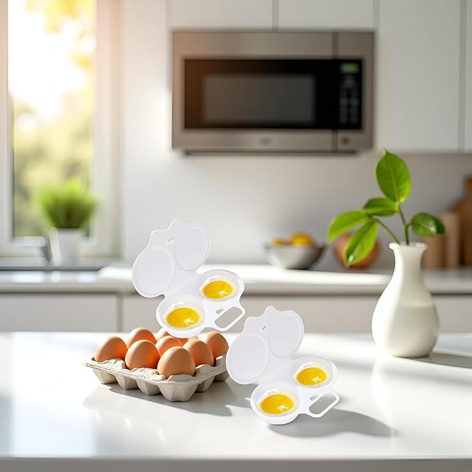 2Pcs White Egg Poacher, Microwave Egg Boiler Poacher, 2 Cavity Nonstick Poached Egg Maker With Lid, Egg Poacher Microwave Egg Cooker, Double Drain Poached Egg Cups Cookware（13 * 5cm）
