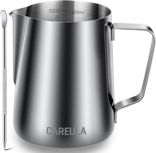 Milk Frothing Pitcher, 32oz Stainless Steel Milk Frother Cup Steaming Pitcher, Coffee Bar Cappuccino Espresso Machine Accessories Barista Tools, Metal Pitcher Milk Jug with Decorating Latte Art Pen