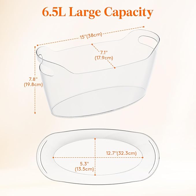 Lifewit 6.5L Ice Bucket for Parties 2 Packs, Portable Drink Bucket for Cocktail Bar, Plastic Champagne Cooler for Beverage/Wine/Beer, Mimosa Bar Supplies Chiller Tub with Scoop 38 x18x20 cm/15x7x8"