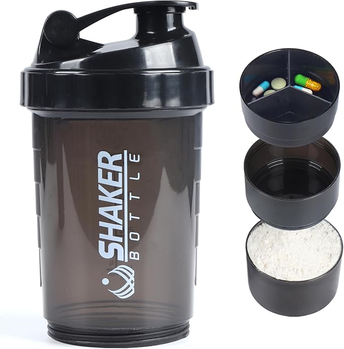 Protein Shaker Bottle,Sports Water Bottle,Leak Proof Shake Bottle For Protein Mixer- Non Slip 3 Layer Twist Off 3oz Cups with Pill Tray - Protein Powder 16 oz Shake Cup with Storage,Black