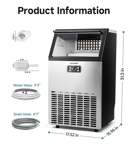EUHOMY Commercial Ice Maker Machine, 100lbs/24H Stainless Steel Under Counter ice Machine with 33lbs Ice Storage Capacity, Freestanding Ice Maker.