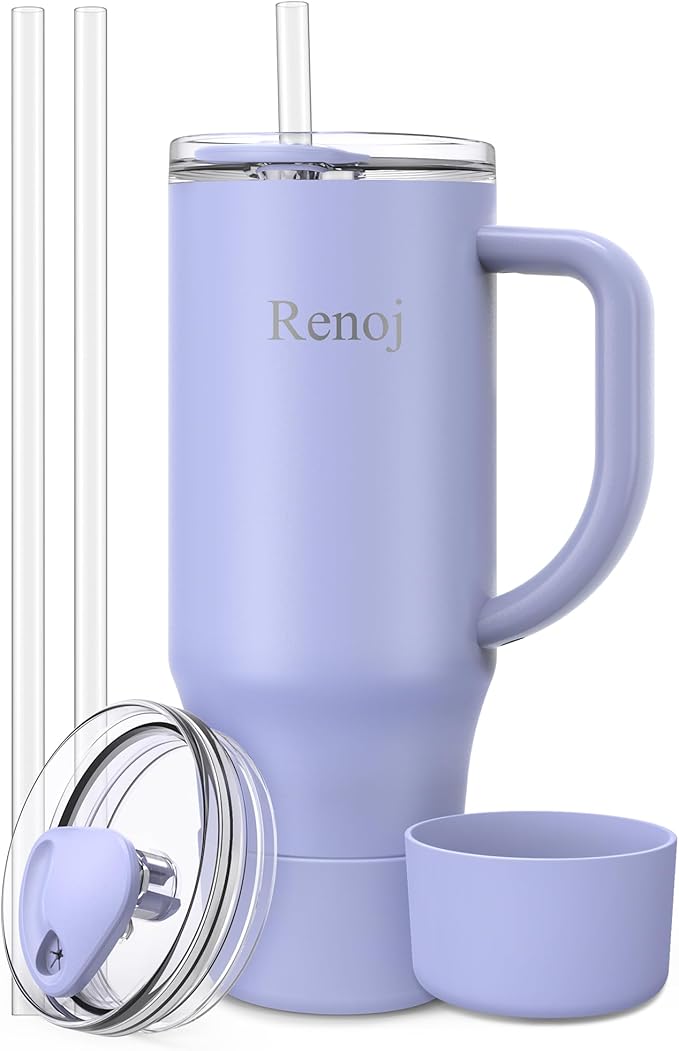 Renoj Insulated Mug 100% Spill Resistant Insulated Water Bottle for Iced Coffee & Hot Drinks - Fits Car Cup Holder, Ideal Gift, 2 Straws & Silicone Boot - FlexSlide Blue 40 oz