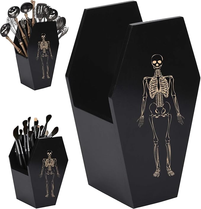 Halloween Gothic Kitchen Decor - Goth Coffin Utensil Holder (Utensils Not Included), Dual-Sided Laser-Etched Skeleton, Solid Wood Large Capacity for Spooky Bats Spoons Skull Spatulas