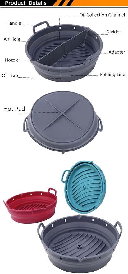 Reusable Silicone Air Fryer Liner –2pcs (Round+Square), Collapsible, Oil-Draining Design, Food-Grade, Non-Stick, Heat Resistant, Dishwasher Safe – Fits 5–8 QT Baskets (black)