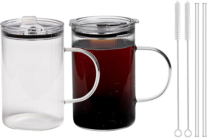 20oz Glass Tumblers with Lids and Straws - Stylish Vintage Ribbed Design for Iced Coffee, Juice, Smoothies, Milkshakes, Cold Beverages & Whiskey Cocktail Beer (Thin Inner Ridge)