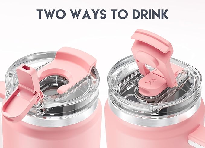 Meoky 32 oz Tumbler with Handle, Insulated Tumbler with Lid and Straw, Stainless Steel Travel Mug, Keeps Cold for 24 Hours, 100% Leak Proof, Fits in Car Cup Holder (Blush)