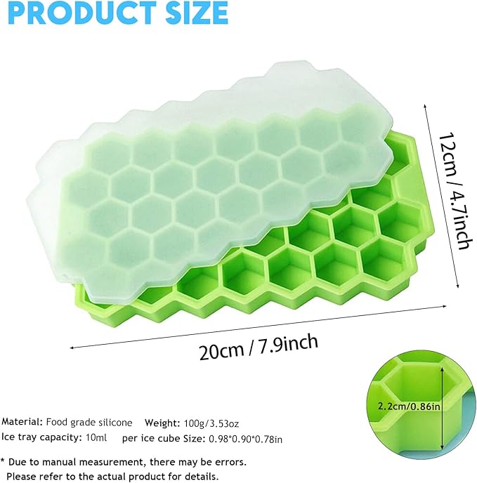 2 Pack Honeycomb Ice Cube Trays for Freezer Microwave(Blue and Green), Silicone Ice Cube Tray with Lid, 37 Hexagonal Silicone Molds, Reusable Ice Cube Mold for Whiskey, Cocktails, Homemade Cold Drinks