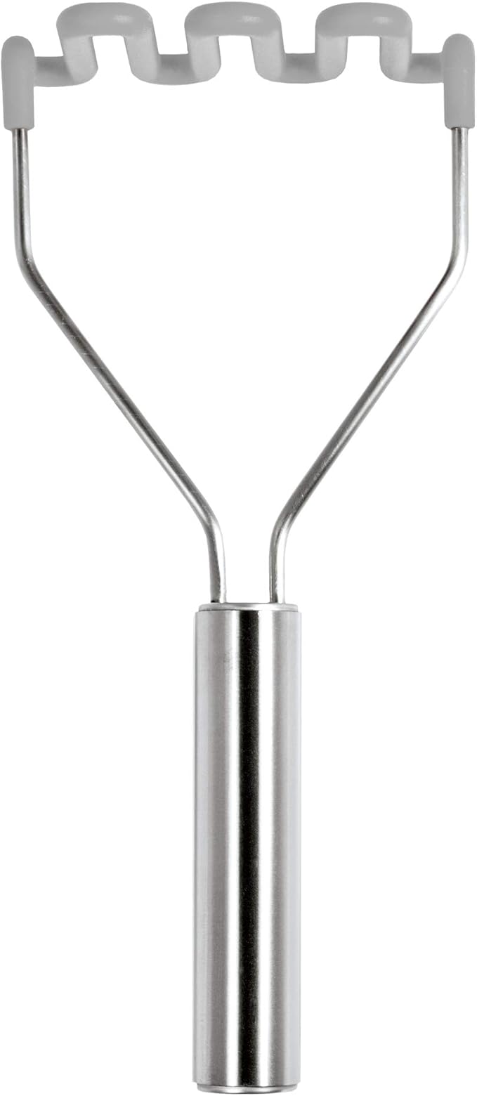 Tovolo Silicone Potato Masher Stainless Steel Handle Oyster Gray Dishwasher Safe Heat Resistant Non Scratch Handheld Coil Wire Potato Smasher for Nonstick Pans Ergonomic Kitchen Food Prep Tool