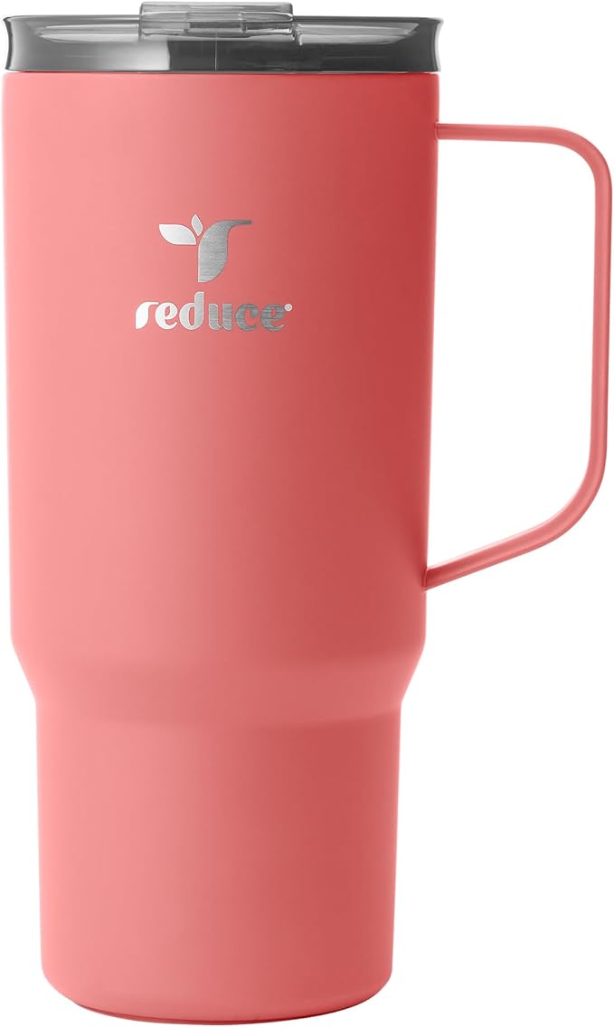 REDUCE 24 oz Hot1 Vacuum Insulated Mug for Hot Tea, Coffee and Other Hot Drinks - With Flo-Motion Lid and Handle, Single-Serve and Cupholder Friendly, Keeps Drinks Hot for up to 8 Hrs, Baked Clay