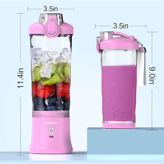 DENOKIN Portable Blender, Shakes and Smoothies Cordless Personal Size Blender 20oz with 6 Blade and a Travel Lid (Purpleish Pink)