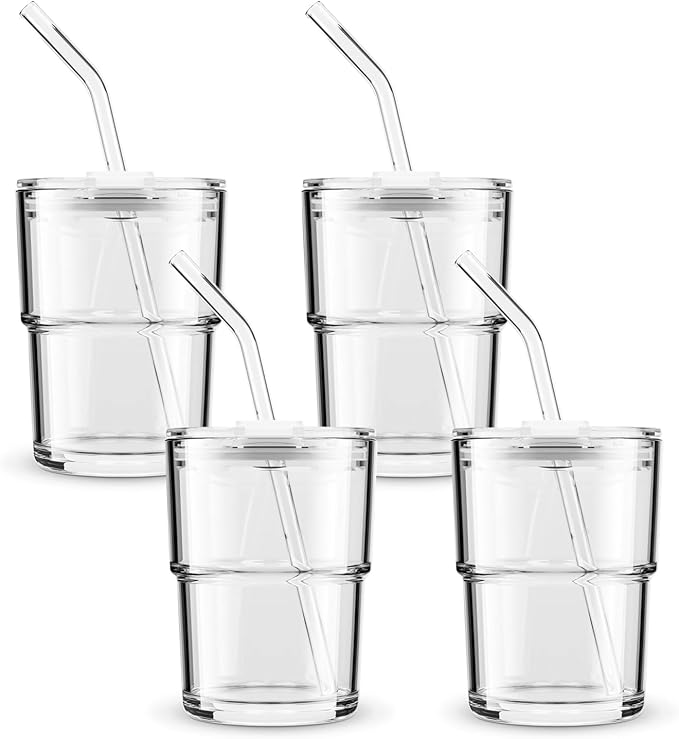 BLUEPOLAR 13 oz Tumbler Water Glass, Water Bottle with Straw and Dustproof Lid, Coffee Ice Cup Double Wall Insulated Glass Cup (White-4pack)